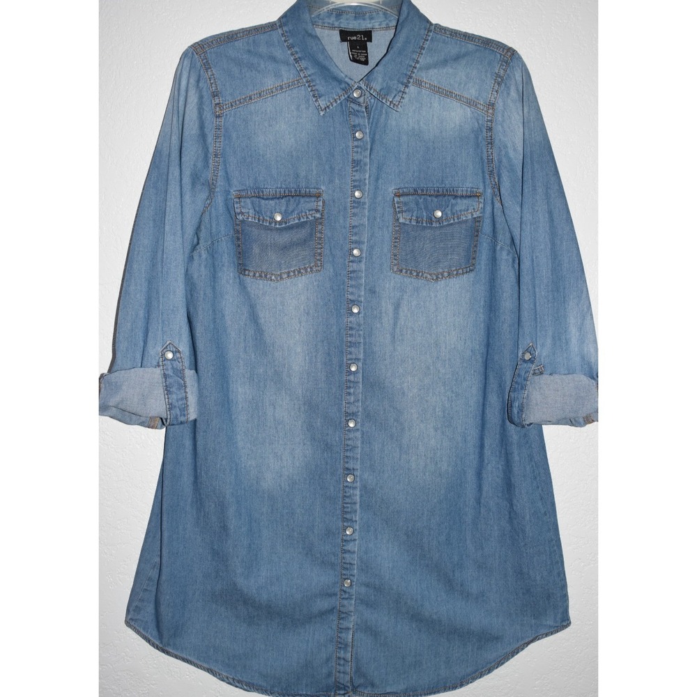 Rue 21 Blue Chambray Shirt Dress Pearl Snaps Roll Tab Sleeves Pockets Size Large